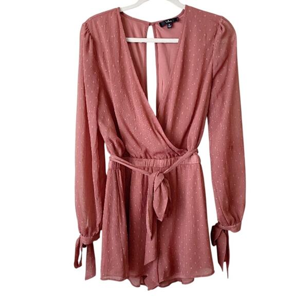 Lulus | Closer Look Dusty Rose Swiss Dot Romper Long Tie Sleeves Pink Medium - Picture 4 of 11